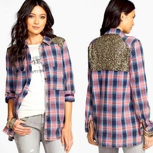 ✦ Free People ✦ Red & Blue Plaid + Gold Sequin Long Sleeve Button Down ✦ Size S